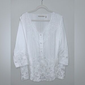 Soft Surroundings Esme White Eyelet Lace Button Down Top